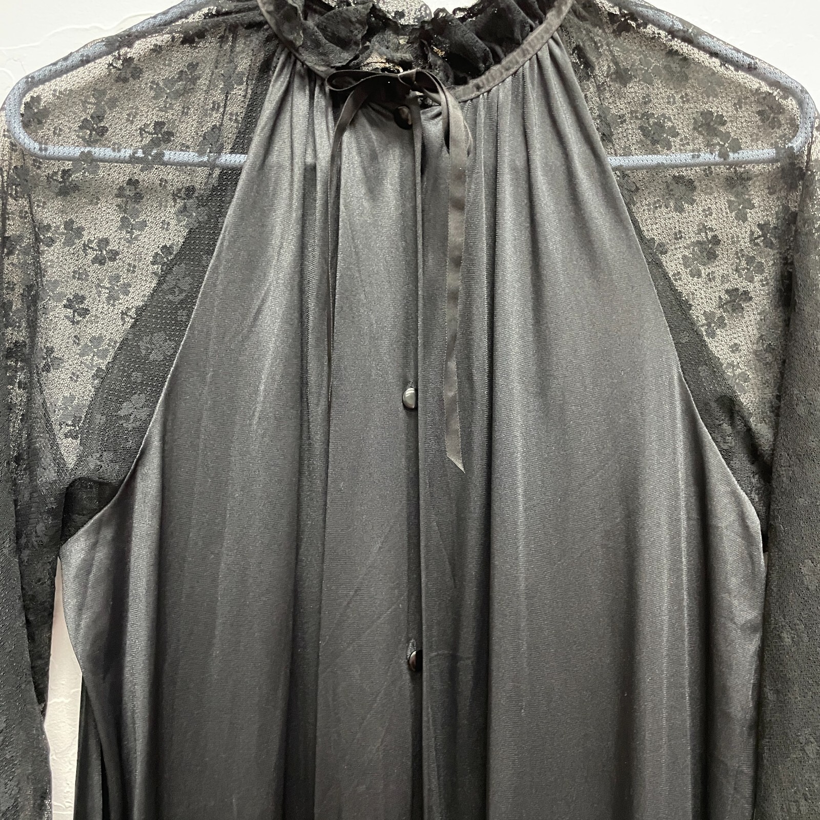 Vtg Jolie Two Nylon Hostess Robe JC Penney Sheer Lace Sleeve M Ruffle Long Black