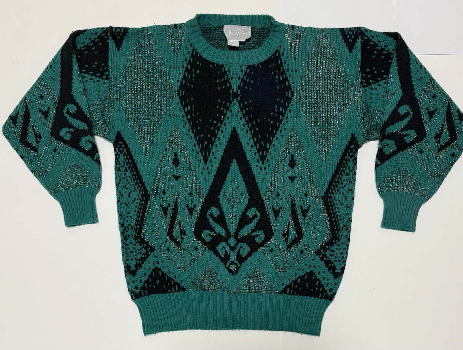 VTG Joyce Acrylic Knits Sweater Sz L Green Black Sparkle Clothing Geometric 80s