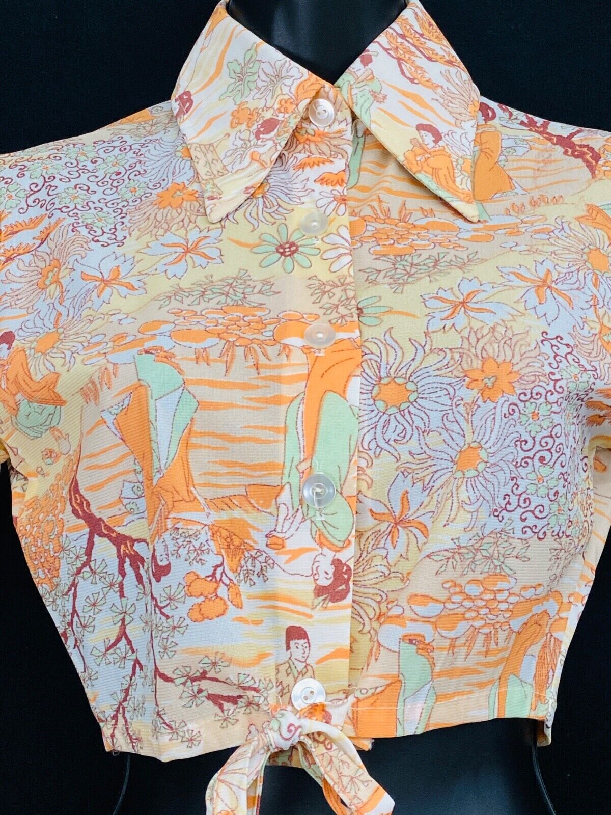 Vintage 1970s novelty print crop top geisha ladies white orange blouse tie waist