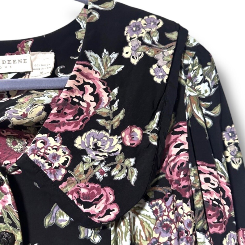 Vintage 80s/90s Kathryn Deene Black Floral Collared Midi Dress Plus Size 18