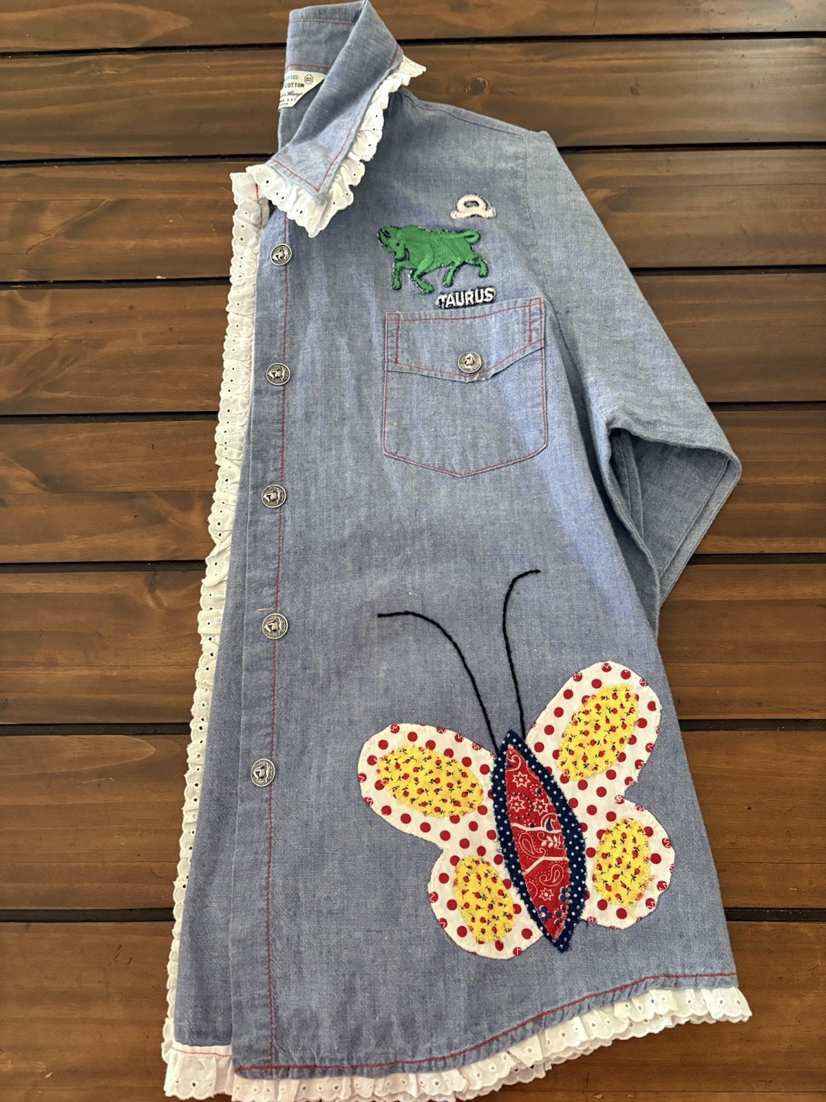 Vintage 1970s Denim Chambray Flower Butterfly “N” Taurus Shirt