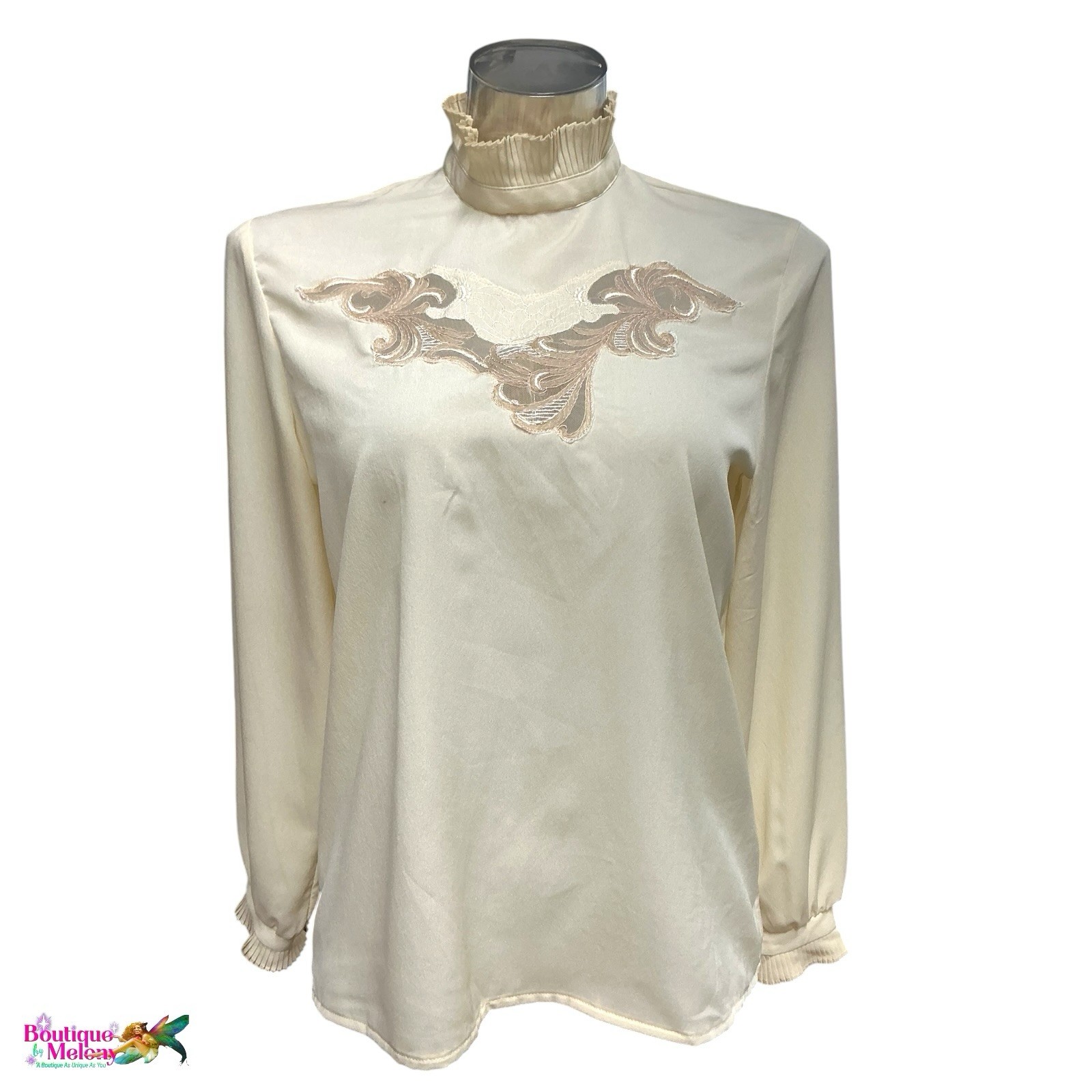 Vintage 80s Victorian Blouse Arida Ivory Lace High Neck Back Button Size 42
