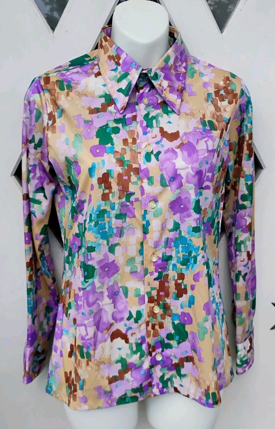 70’s „GIVENCHY for chesa” Lavender/Green Abstract Dagger Collar L/S Blouse 10