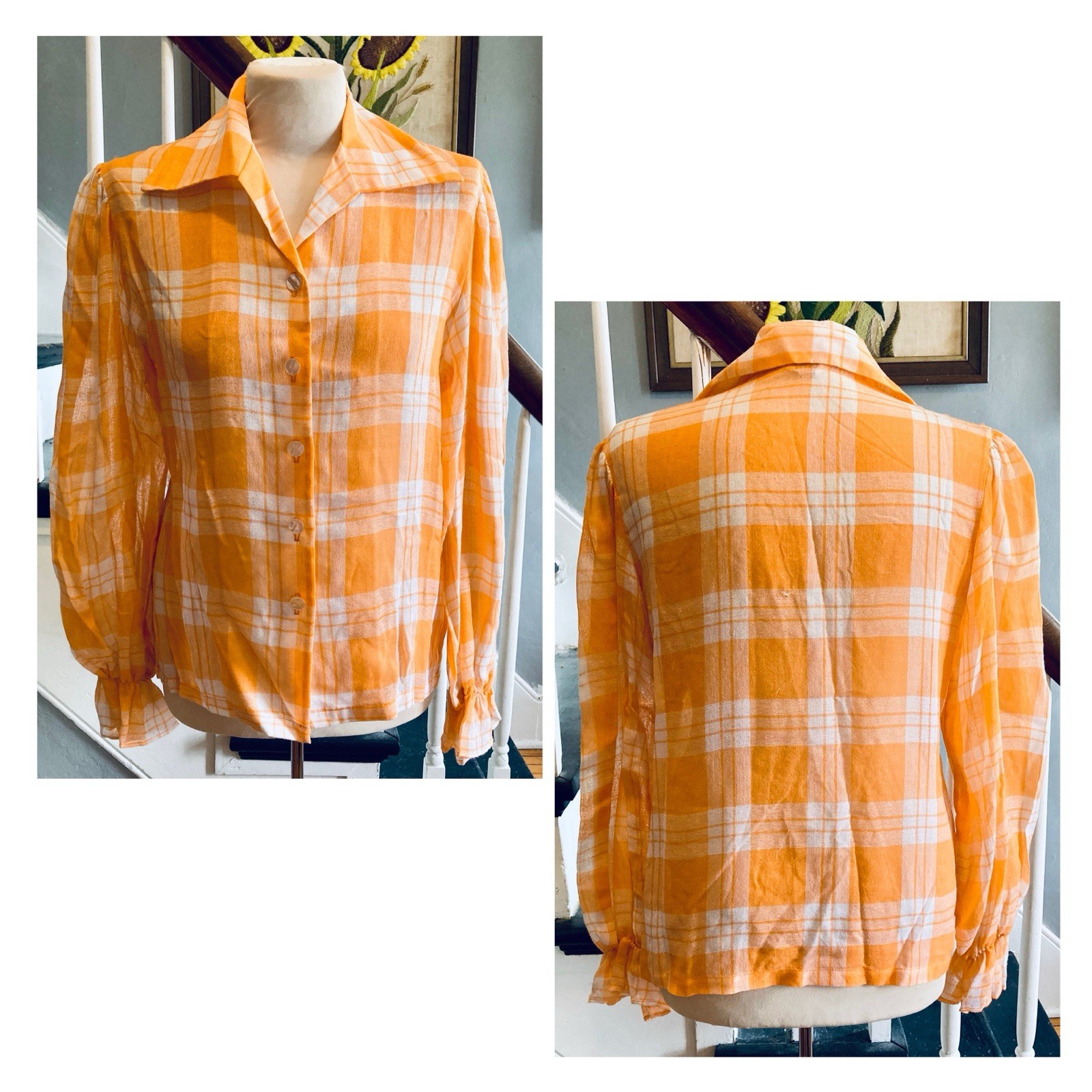 1960s 1970s Orange Creamsicle Madras Plaid Shirt Blouse Ruffles Flounced Sleeves
