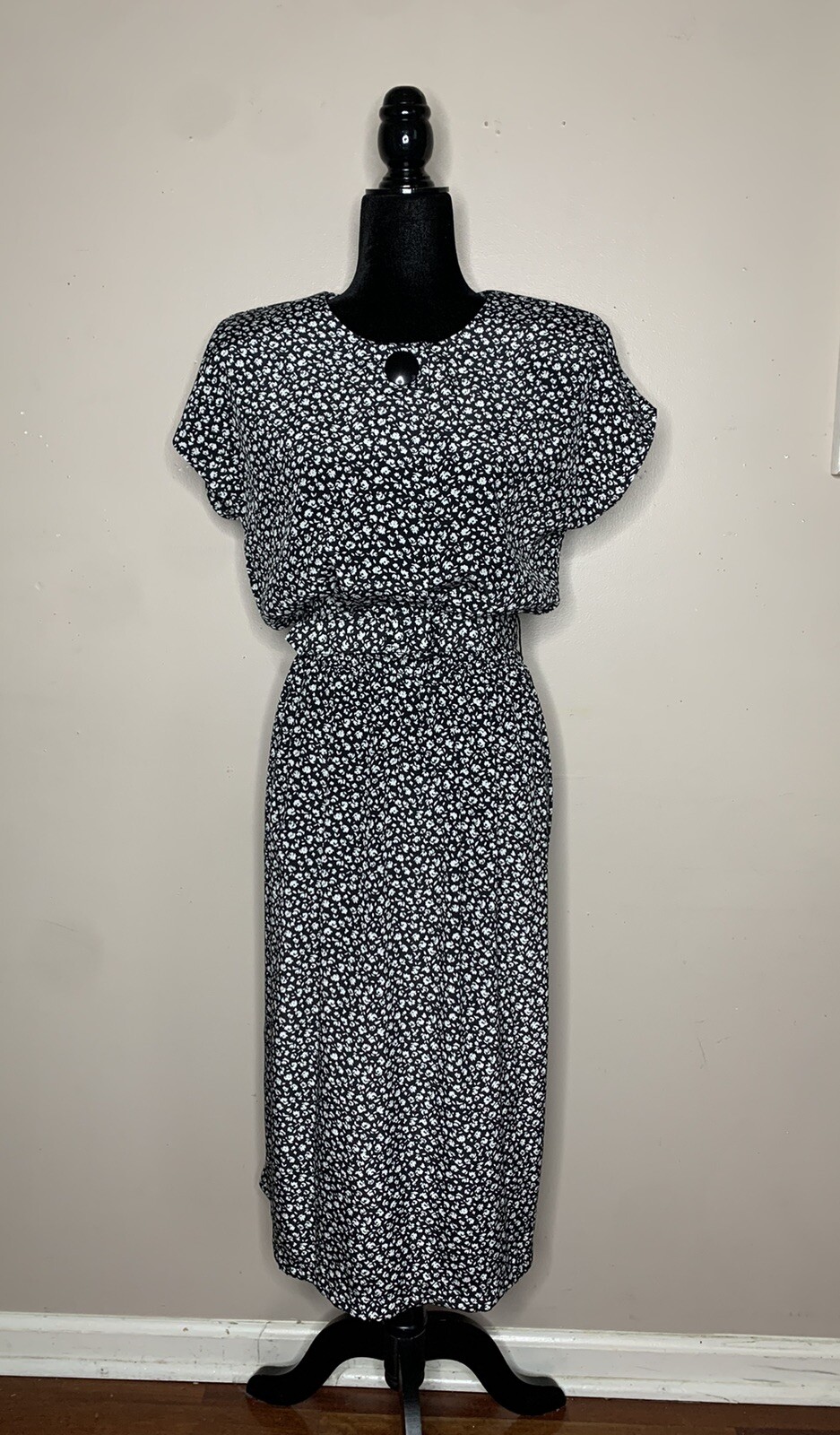 Vintage 80s Pellini Von Bramlett Black White Floral Belted MIDI Dress USA Sz 7/8