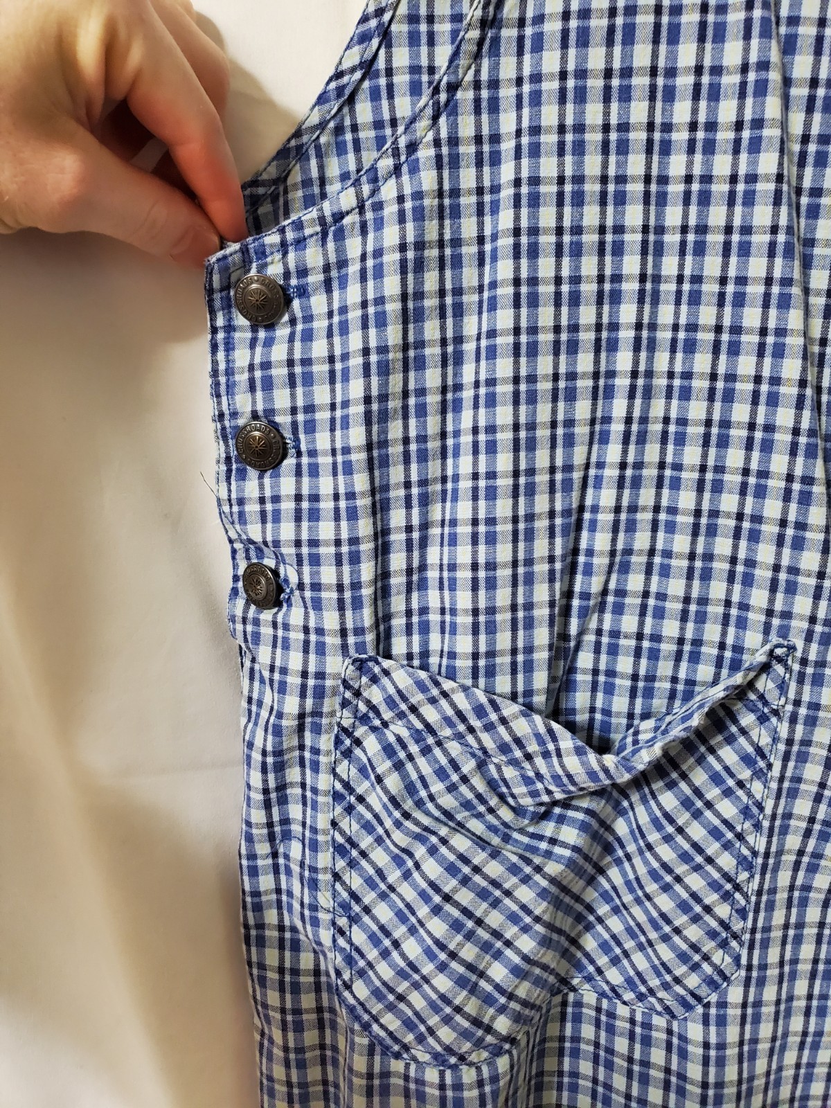 Vtg Crossroads Plaid Overall Dress Blue Size Large Cotton Cottagecore Button Up