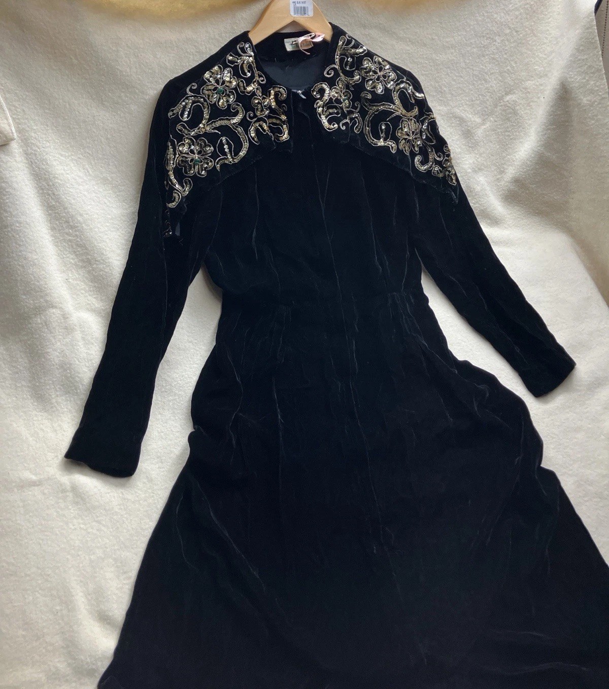 1950’s Helen Lobel Black Velvet Sequence Dress 16 Talon Zipper