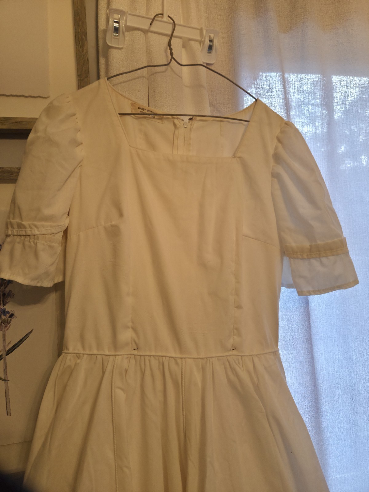 Sassy Stitchin’ White Fit & Flare Dress Short Puff Sleeves Ruffle Hem