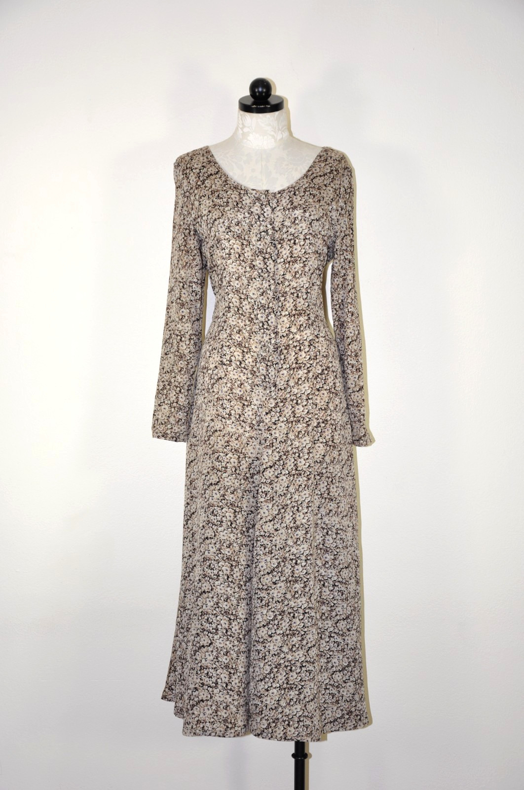 90s Vintage Brown Romantic Floral Long Sleeve Tie Back Grunge Dress Women S M