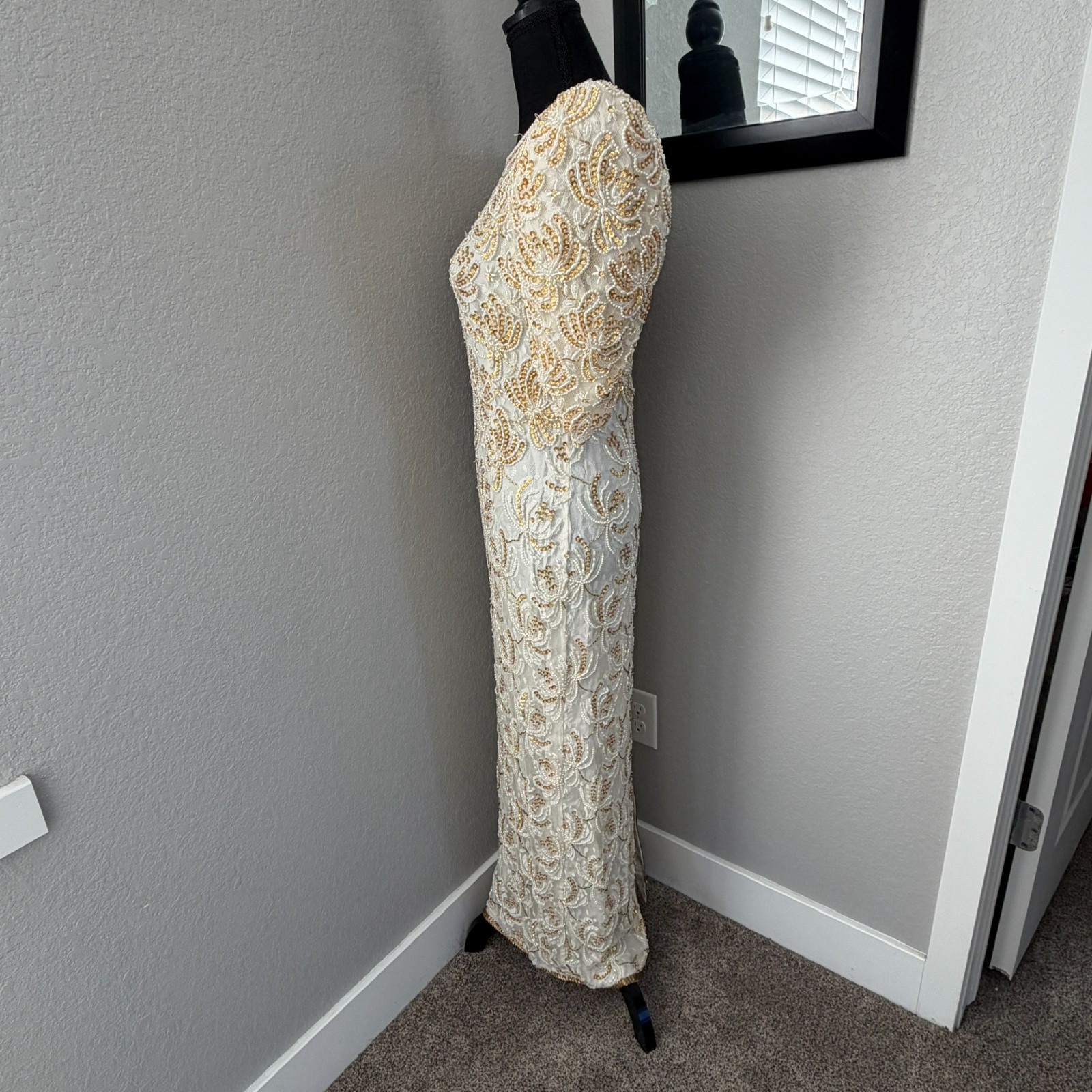 VINTAGE 80s Judith Ann Creations Ivory Gold Beaded Sequin Gown Dress Small