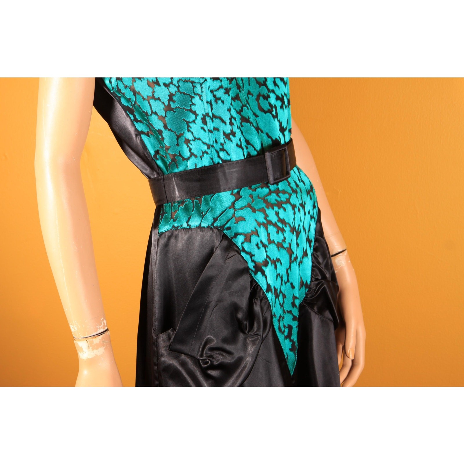 1980s Does 1940s Style Teal and Black Sheer Cocktail Dress by Diamond’s Run -L