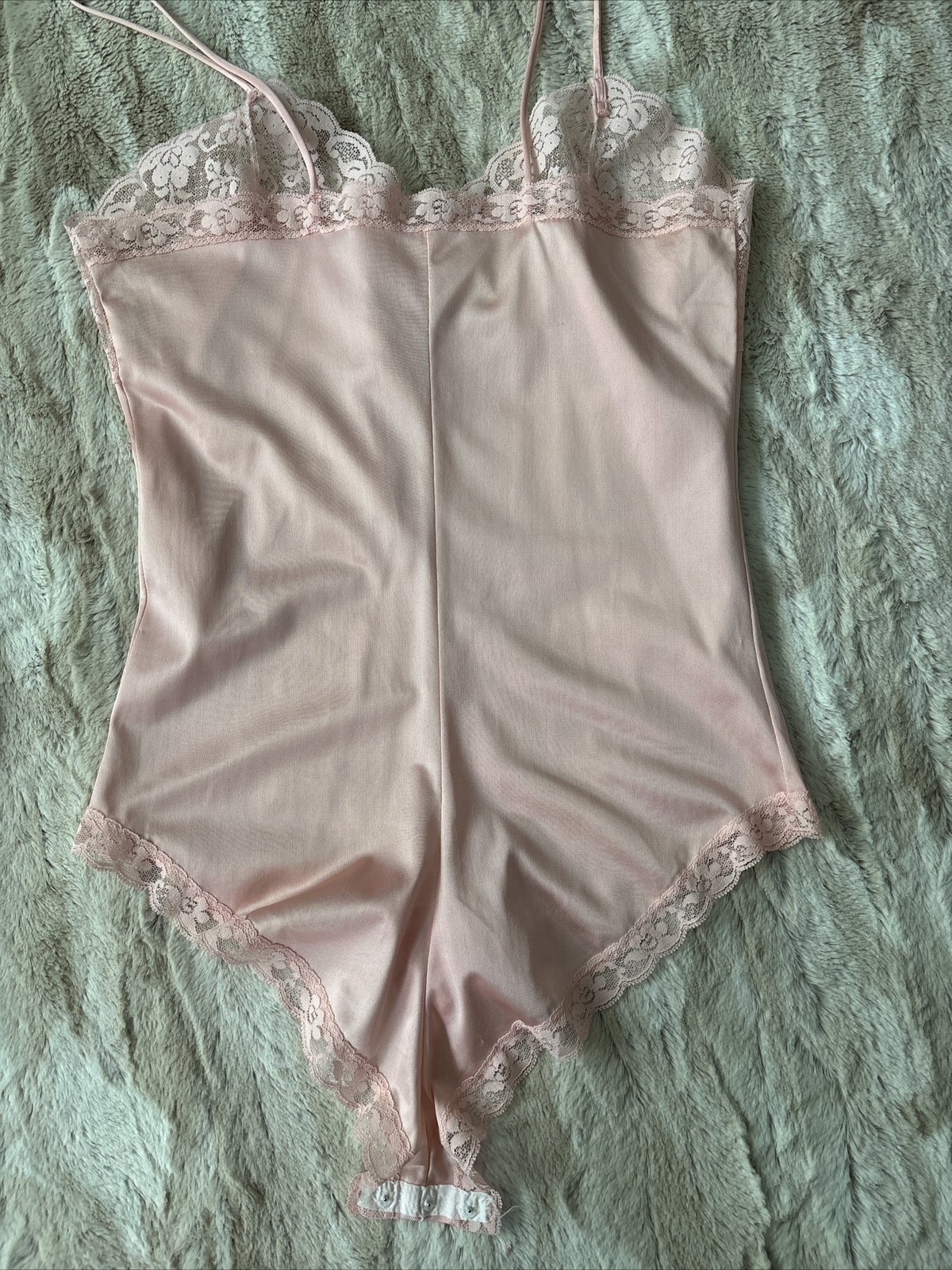 VTG Nylon Antron Satin Lace Teddy Bodysuit Playsuit Panty Sissy Romper USA Med
