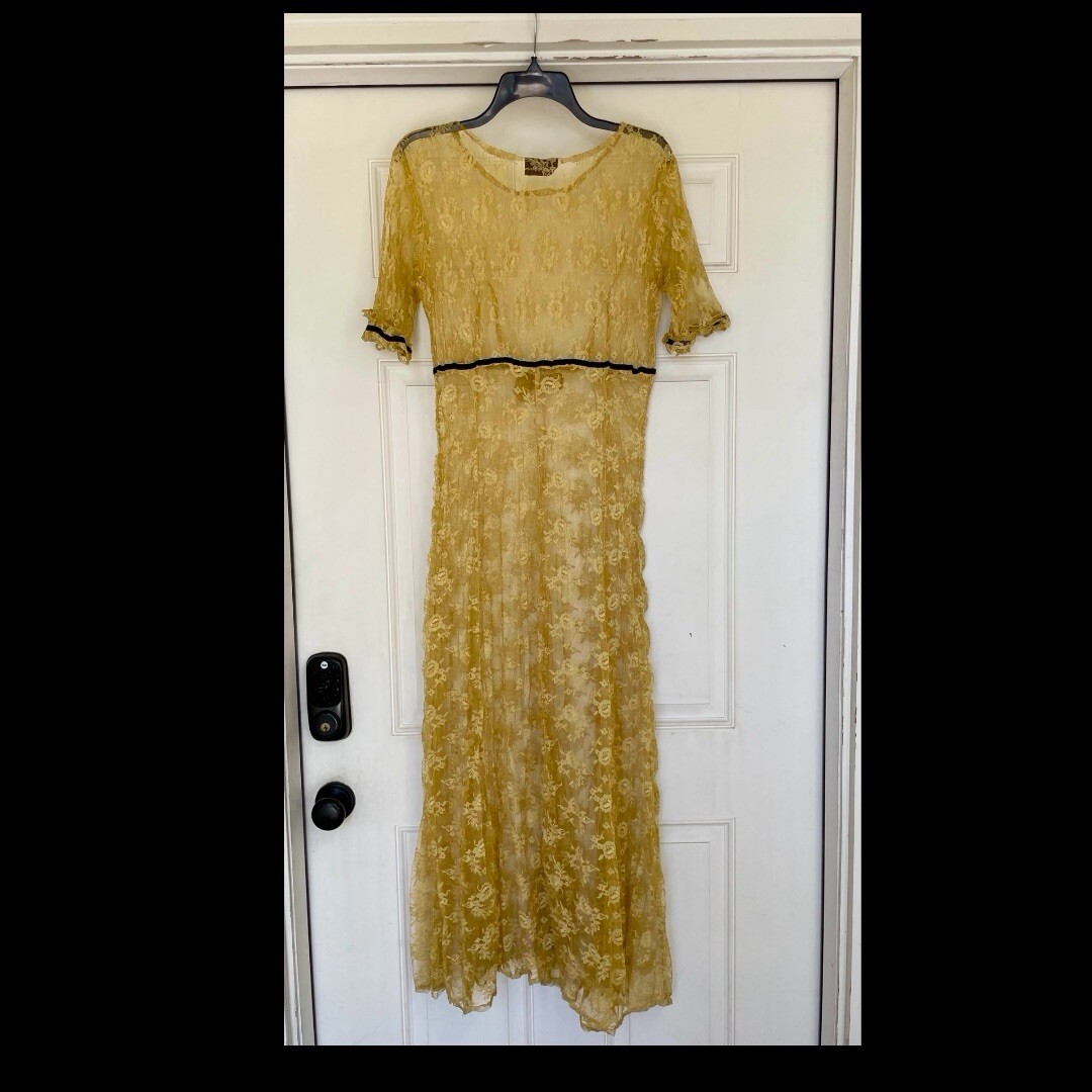 Vintage Sheer Yellow Crinkled Lacy Maxi Dress by Alexander Brown Whimsigoth 1990