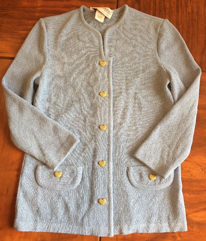 VINTAGE1970s 80s CASTLEBERRY KNIT JACKET BLAZER BLUE SIZE 8 GOLDEN HEART BUTTONS