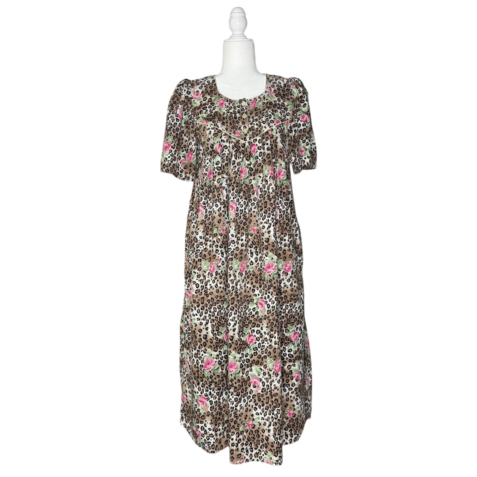 1980s Vintage Barbizon S Animal Print Floral Nightgown Muumuu House Dress Cotton