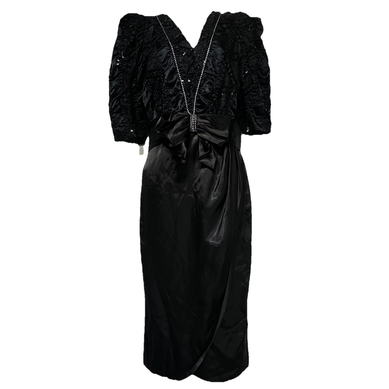Vintage claralura original Black Satin Sequined Dark Goth Bow Evening Dress