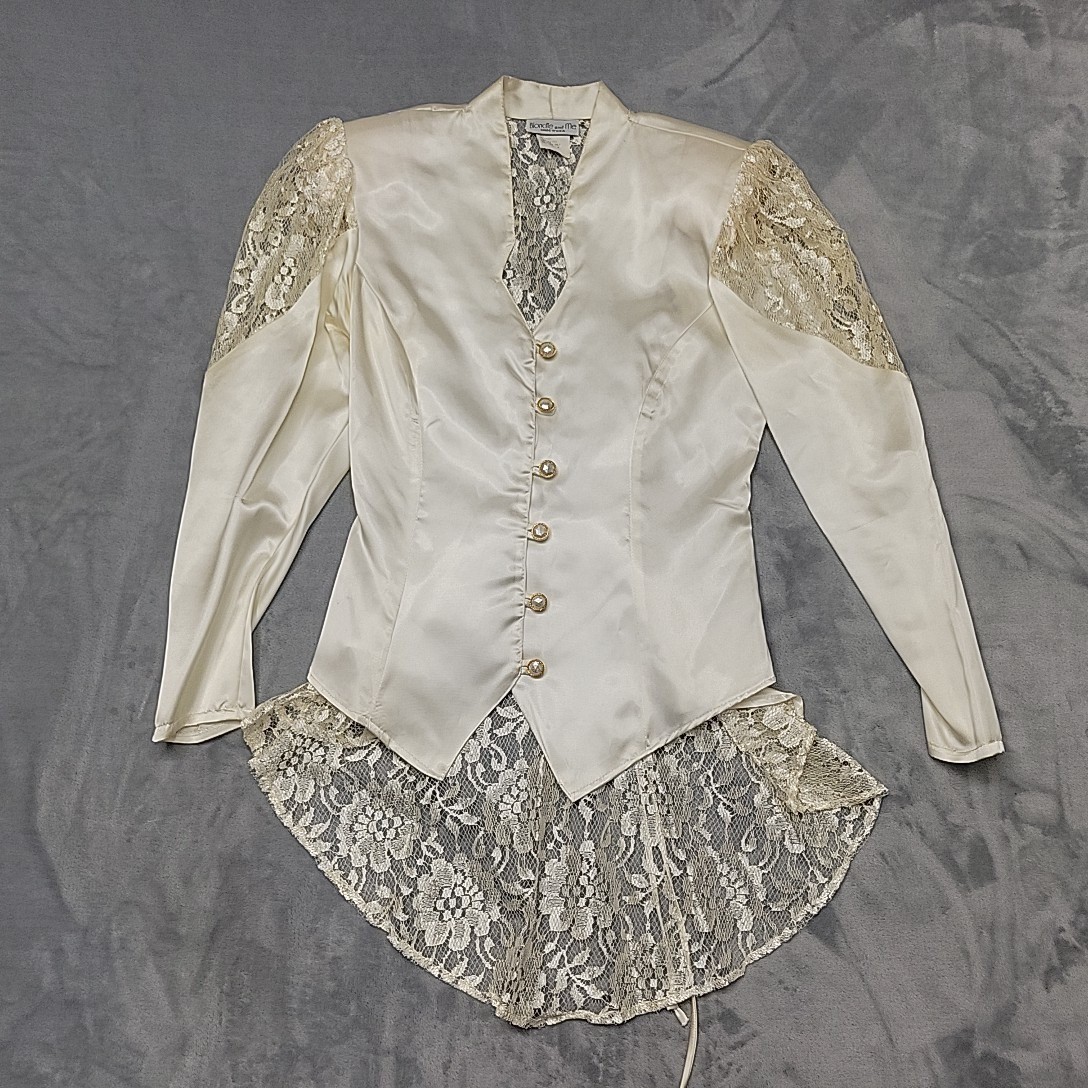 Vintage Blondie And Me Shirt Womens M Ivory Satin Lace Corset Back Made In USA