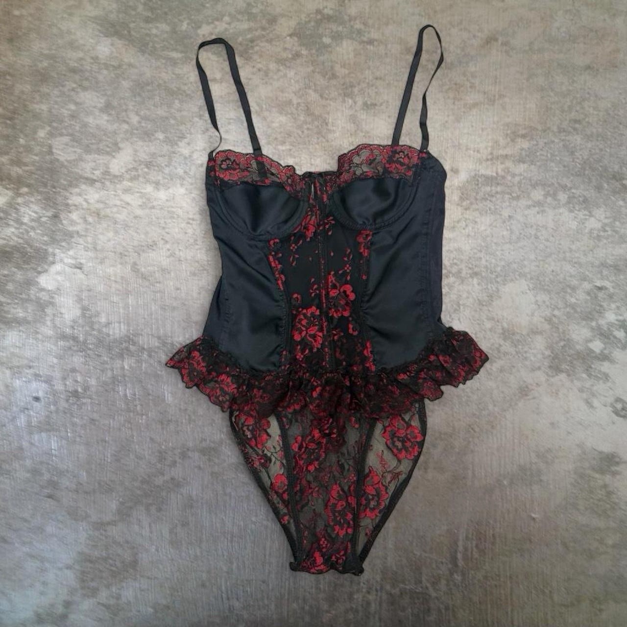 70s/80s Vintage Shirley’s Black and Red Satin and Lace Paneled Teddy Size M