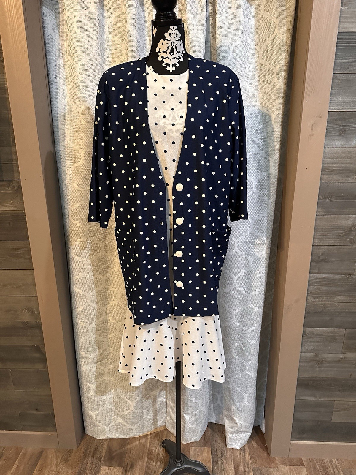 Vintage 1980s Tabby II Polka Dot 2pc Sheath Dress & Duster Jacket Set Size 16W