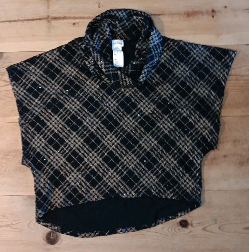 VTG Joseph Ribkoff Women XL Sweater Poncho Top Cowl Neck Short Sleeve Gold Plaid