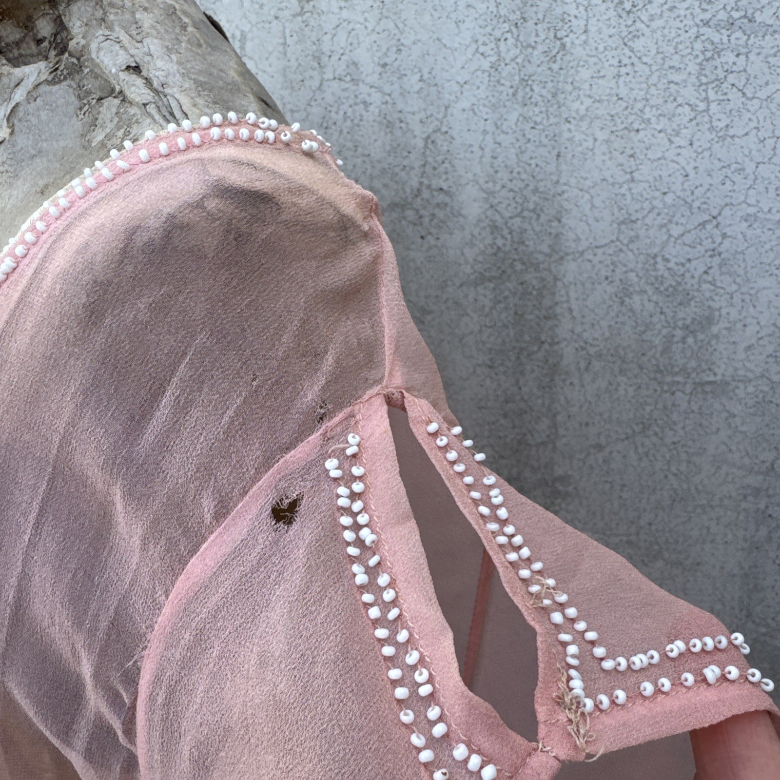 Antique 1920s Pink Silk Chiffon Dress Beaded Waves Oppenheim Collins Vintage