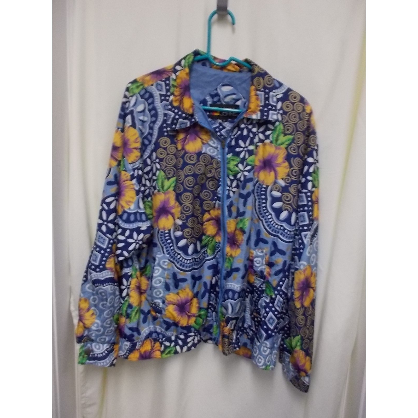 Vintage Andy Johns Floral Mixed Print Zip Up Windbreaker Jacket Blue Womens L
