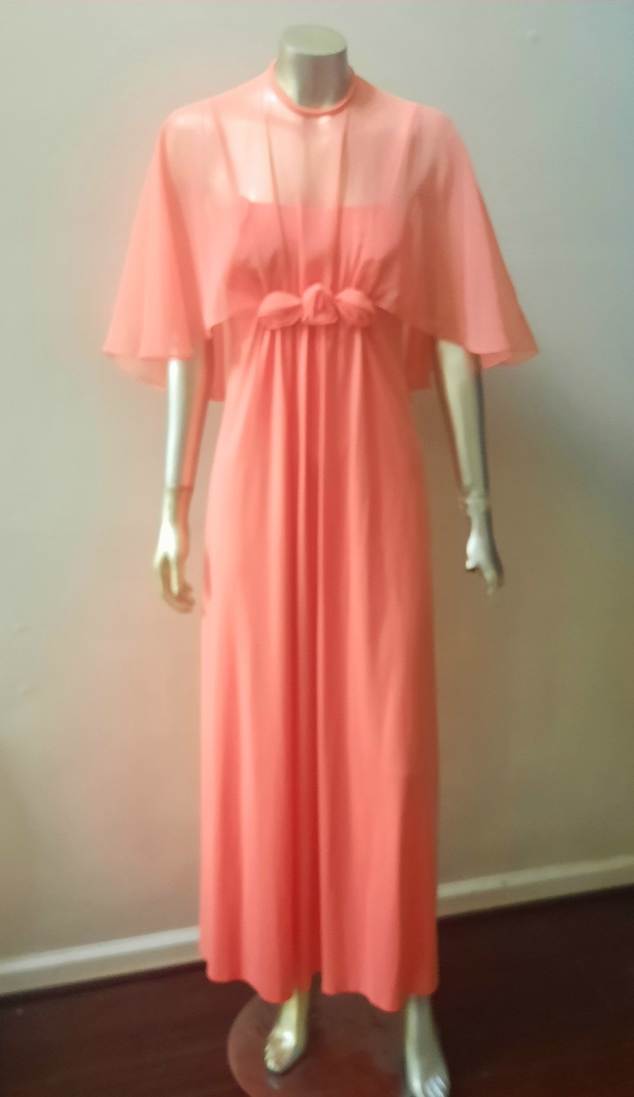 LORRI DEB 70S PEACH MAXI DRESS CHIFFON ATTACHED CAPELET SHAWL VTG PARTY sz S/M