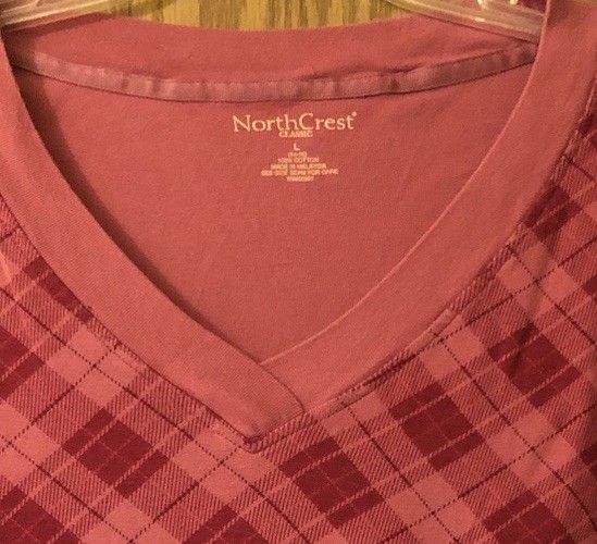 Women’s Size L Long Sleeve V-neck Burgundy Red Check NorthCrest Cotton Top