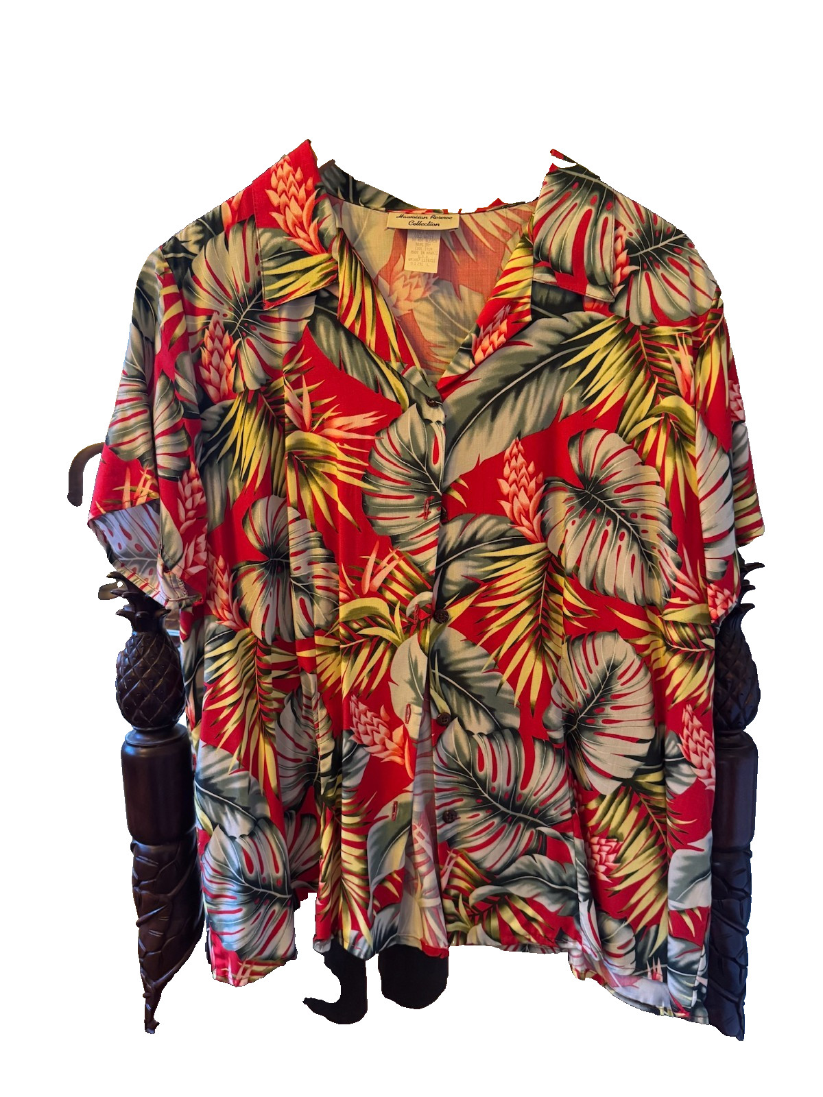 Vintage Hawaiian Coconut button aloha women’s shirt classic green, red &white L