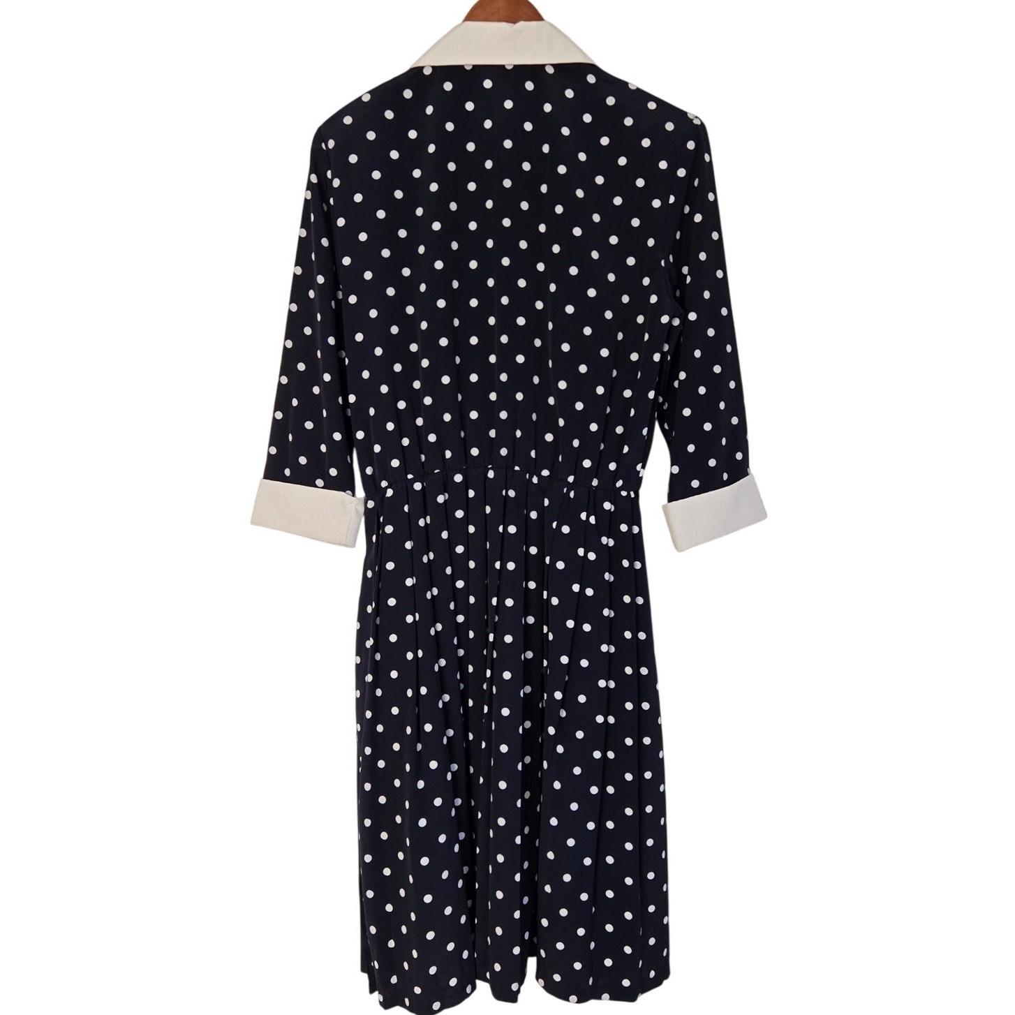 Vintage Serbin Dark Academia Blue Polka Dot Midi Shirt Dress Contrast Collar 10