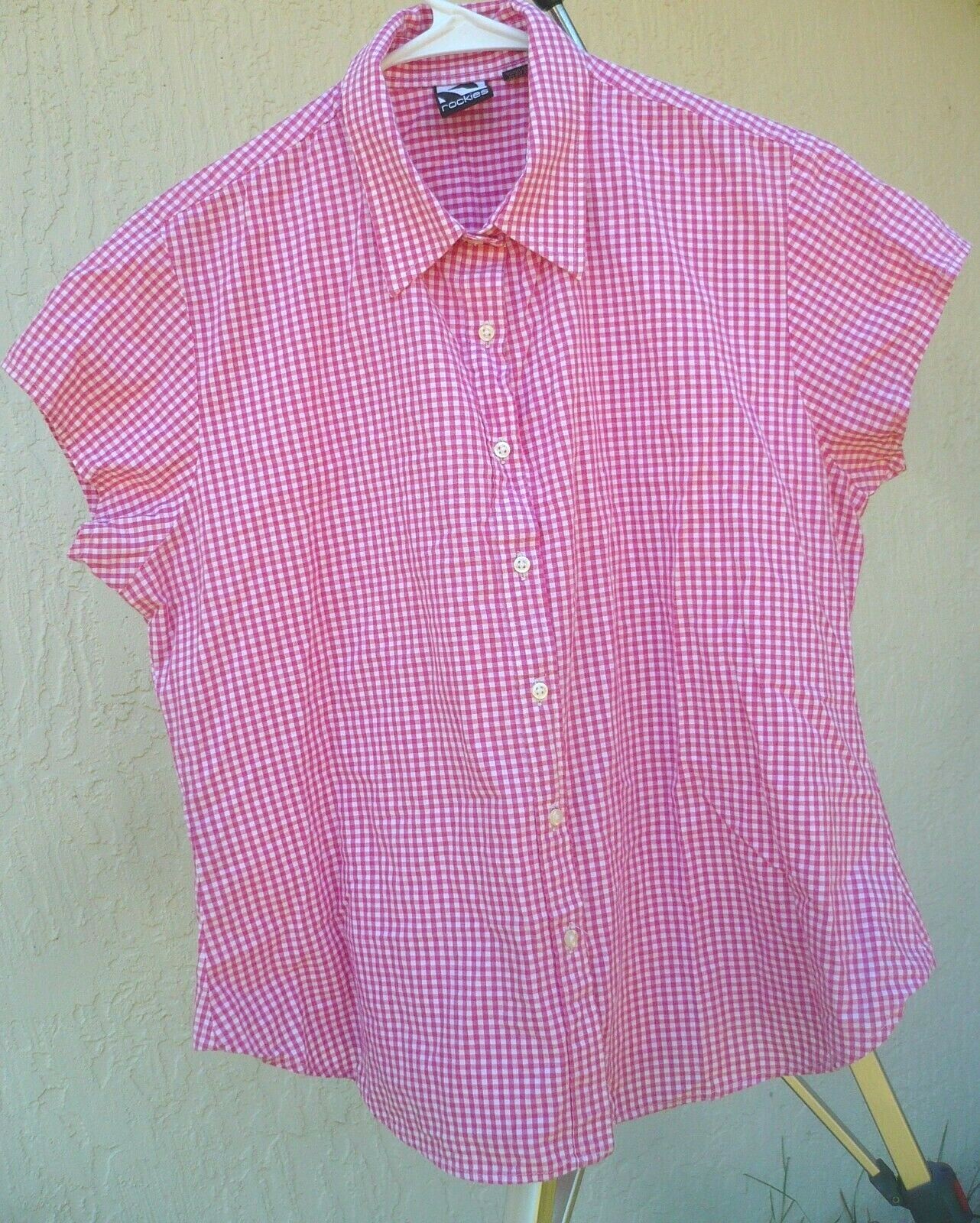 VTG 90S ROCKIES L M WOMENS SHIRT BUTTON UP SHORT SLEEVE FITTED PINK CHECK COTTON