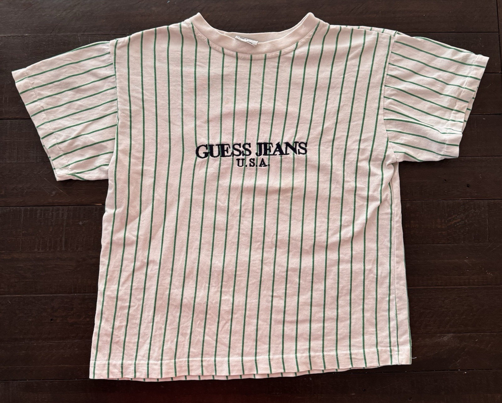Vintage GUESS Jeans USA Pinstripe T-Shirt Made In USA Embroidered *Stains*