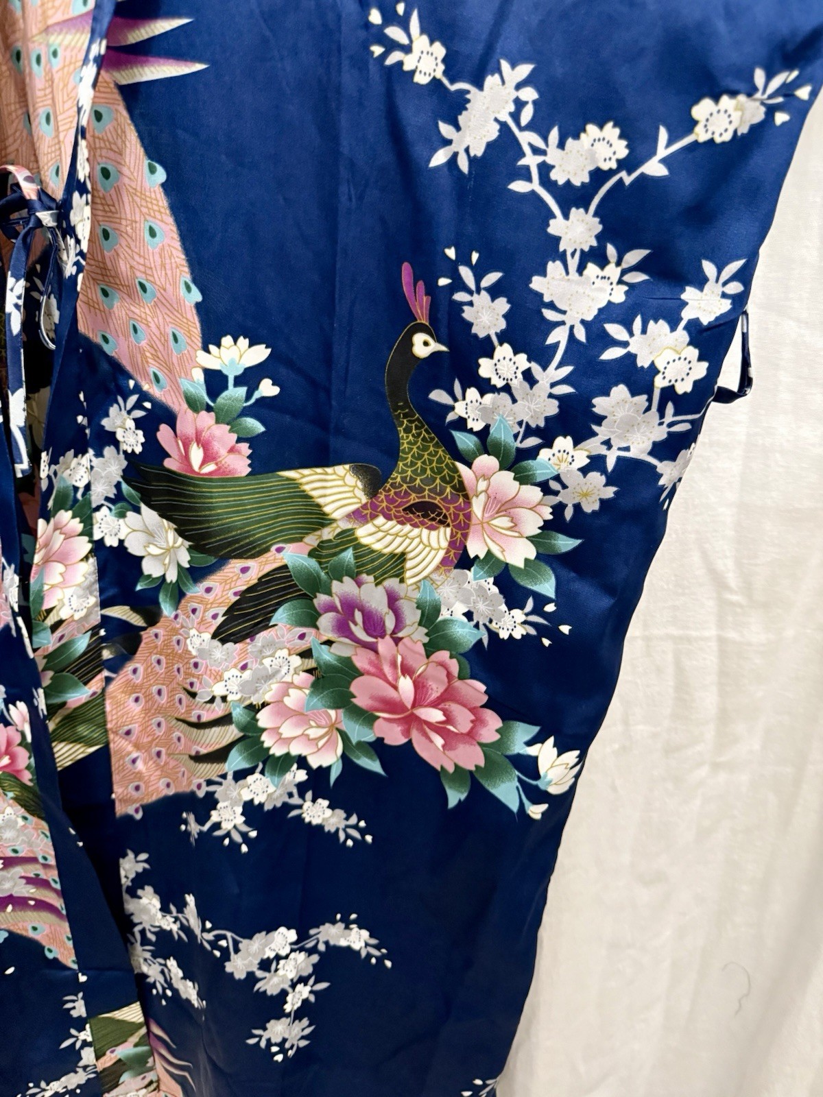 VTG 90s Silk Peacock Kimono Robe Blue Floral Statement Boho Lagenlook Luxe