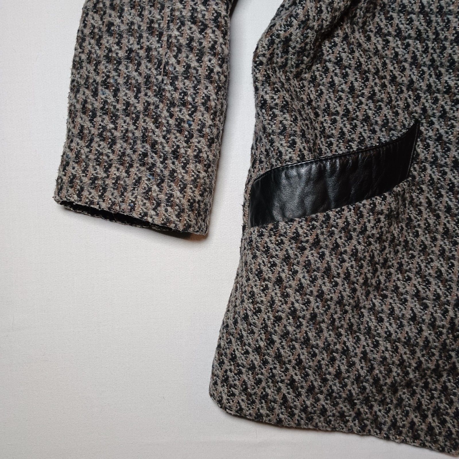 Vintage 80s Anne-Gee Womens Wool Leather Coat Large 11/12 Brown Tweed