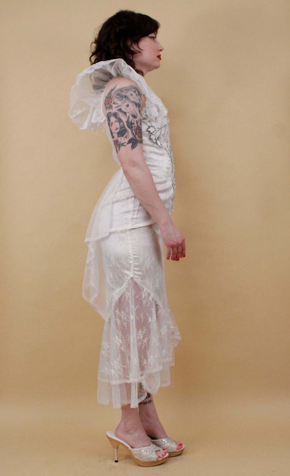 80s Vtg CLIMAX Karen Okada White Lace Angel Sleeve Dress Sheer Mesh Glam Mermaid