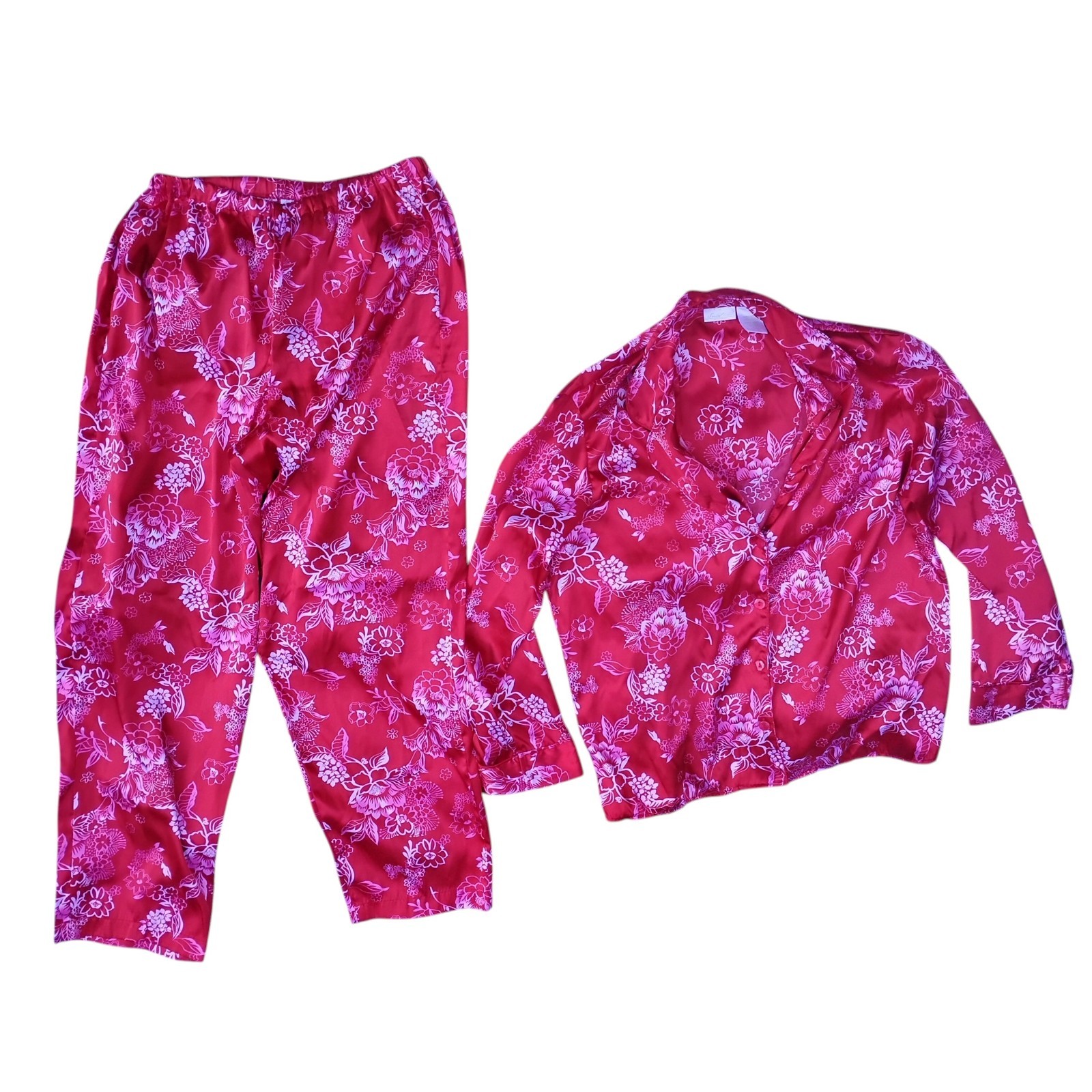 Vtg Secret Treasures Sz-L Charmeuse Satin Sleep Pajamas Set Shirt Pants