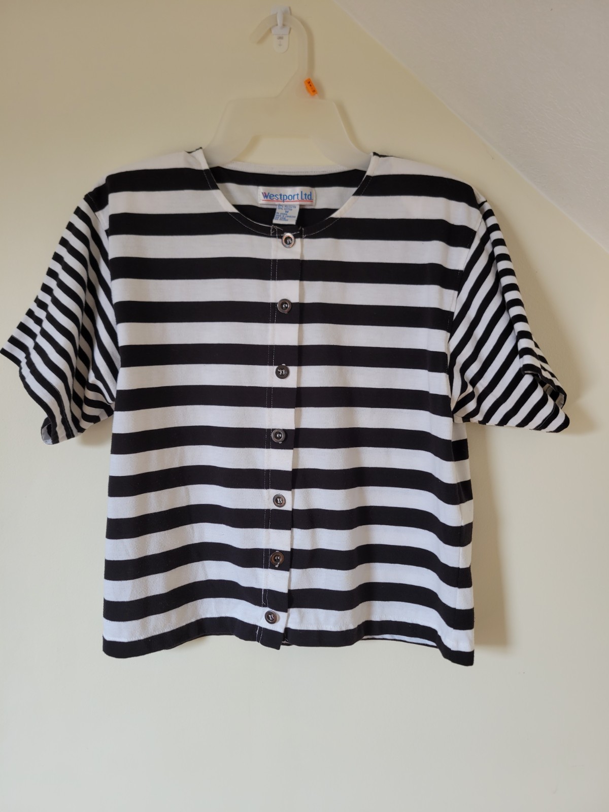 VTG 80’s 90’s Westport Ltd Boxy Striped Top Black White Shoulder Pads Buttons