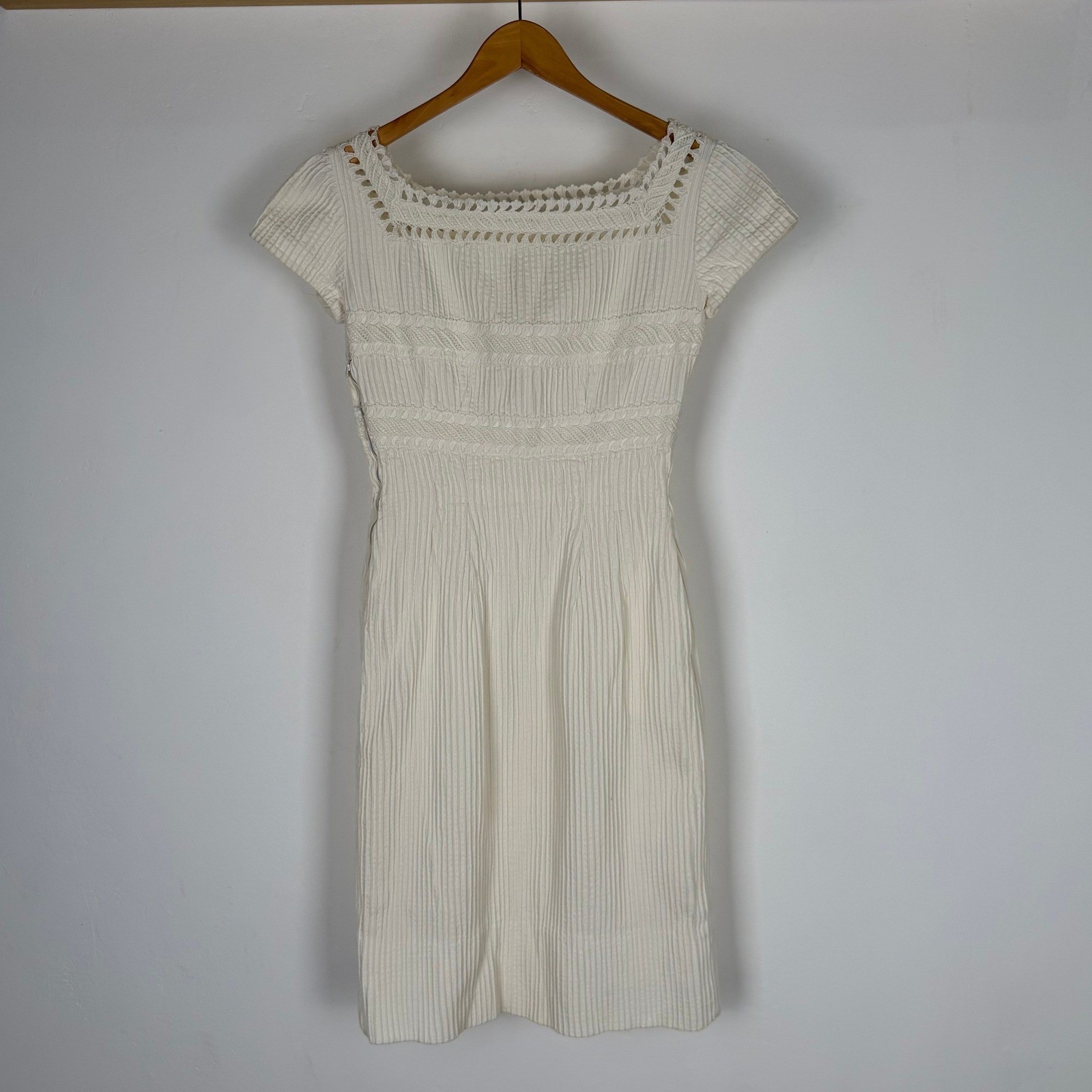 VTG 50s Cream White Crochet Lace Square Neck Textured Cap Sleeve Shift Dress
