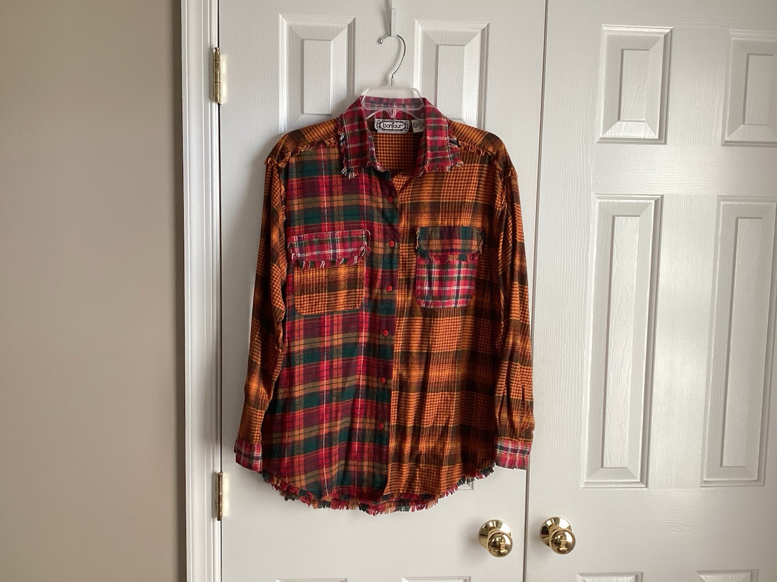 VINTAGE Bonjour Plaid Flannel Shirt Distressed ALL Cotton RETRO Sz Medium -EUC