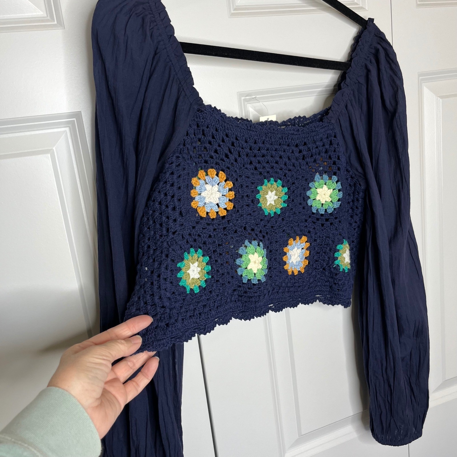 Aerie Crochet Granny Square Crop Top Navy Blue Balloon Sleeve Small Boho NWT