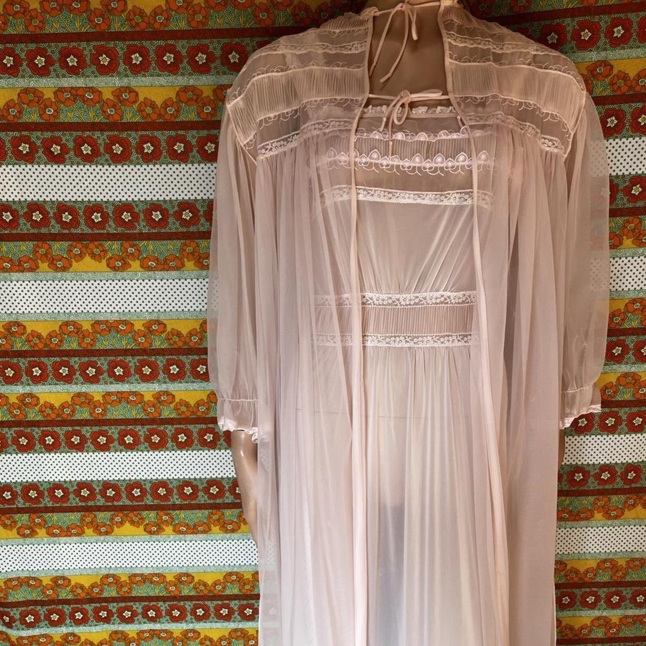 Nan Flower Vintage Original Nylon Slip Nightgown, Beige Lace Trim, Size 34