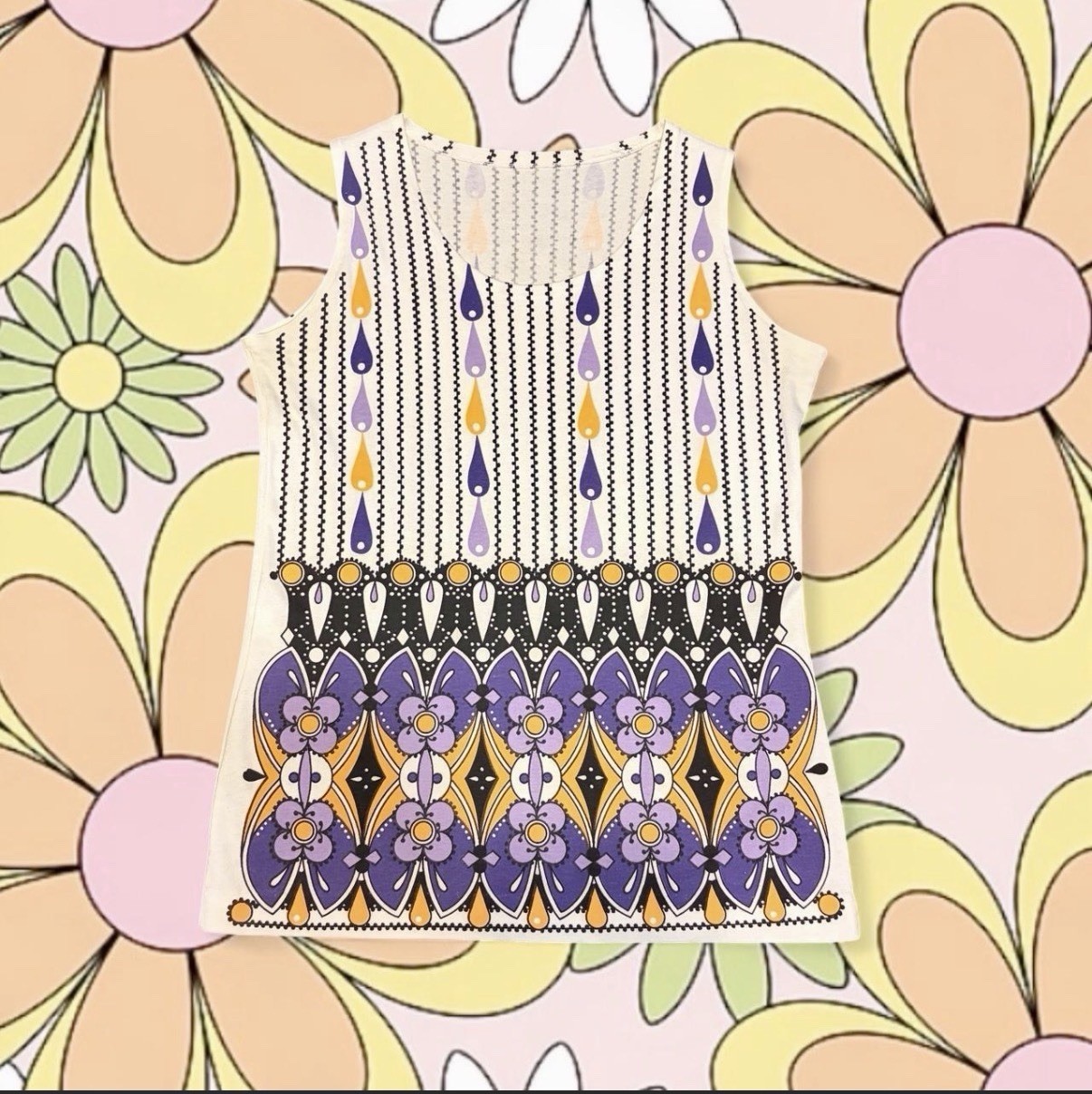 TRUE Vintage 1960s Psychedelic Mod Pattern Sleeveless Top Size M