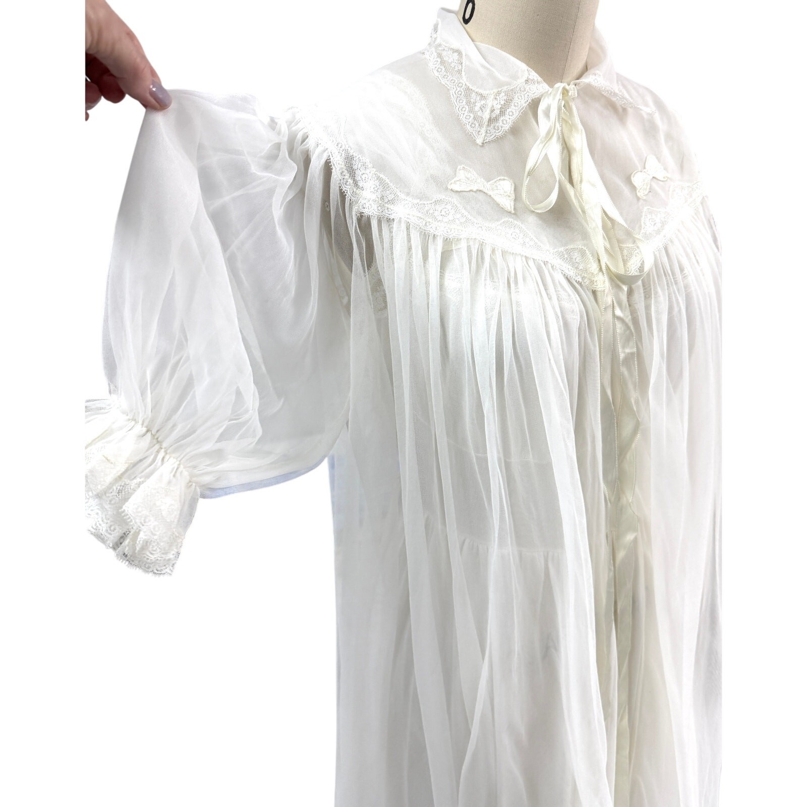 VTG 50s MCM Carillon Sheer Nylon Chiffon Nightgown_Robe White Bridal 36 Small