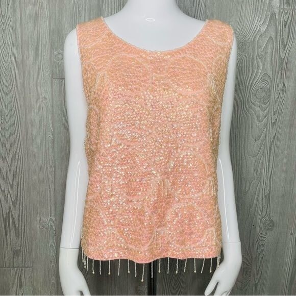 Vintage 1960s pink beaded sequin tassel fringe silk shirt barbie core sleeveless