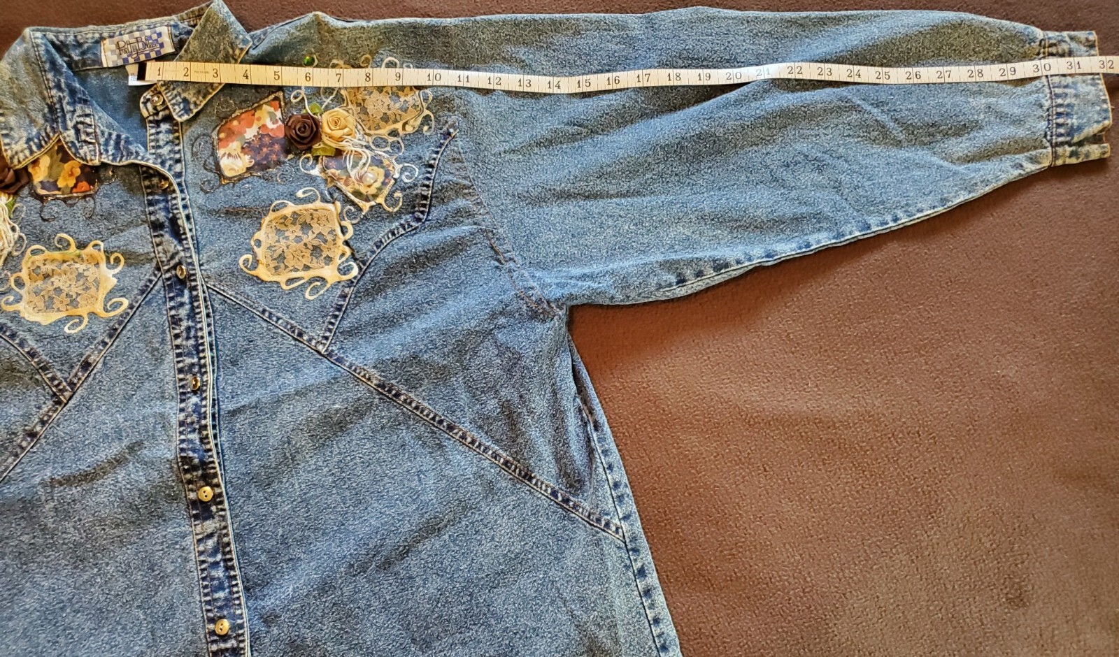 VTG 80s Denim Pretty Bleu Bedazzled Floral Button Long Sleeve Shirt Womens MED