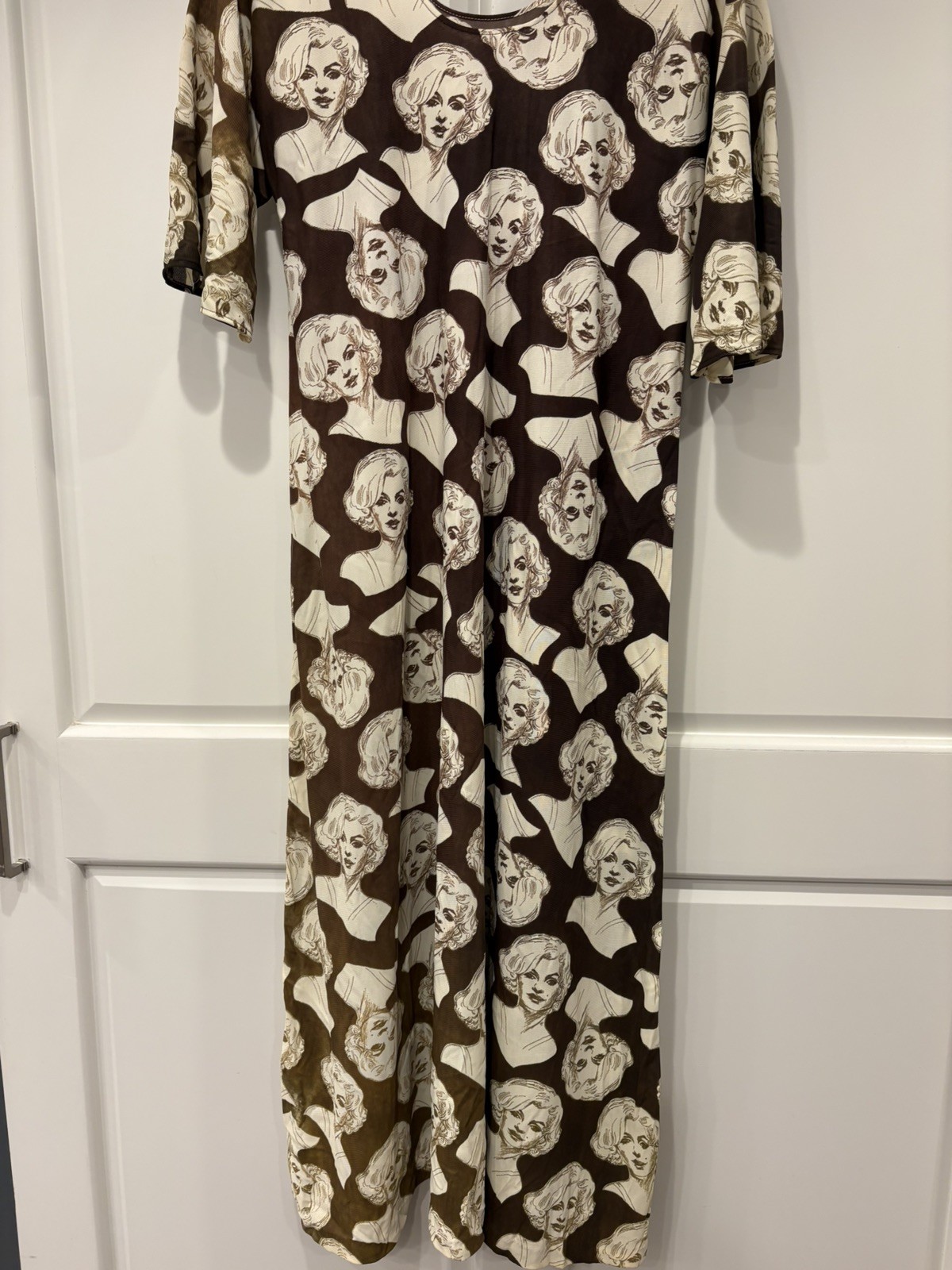 Vintage Rare 1970s Elle Casuals Cream Brown Marilyn Monroe Print Maxi Dress Sm