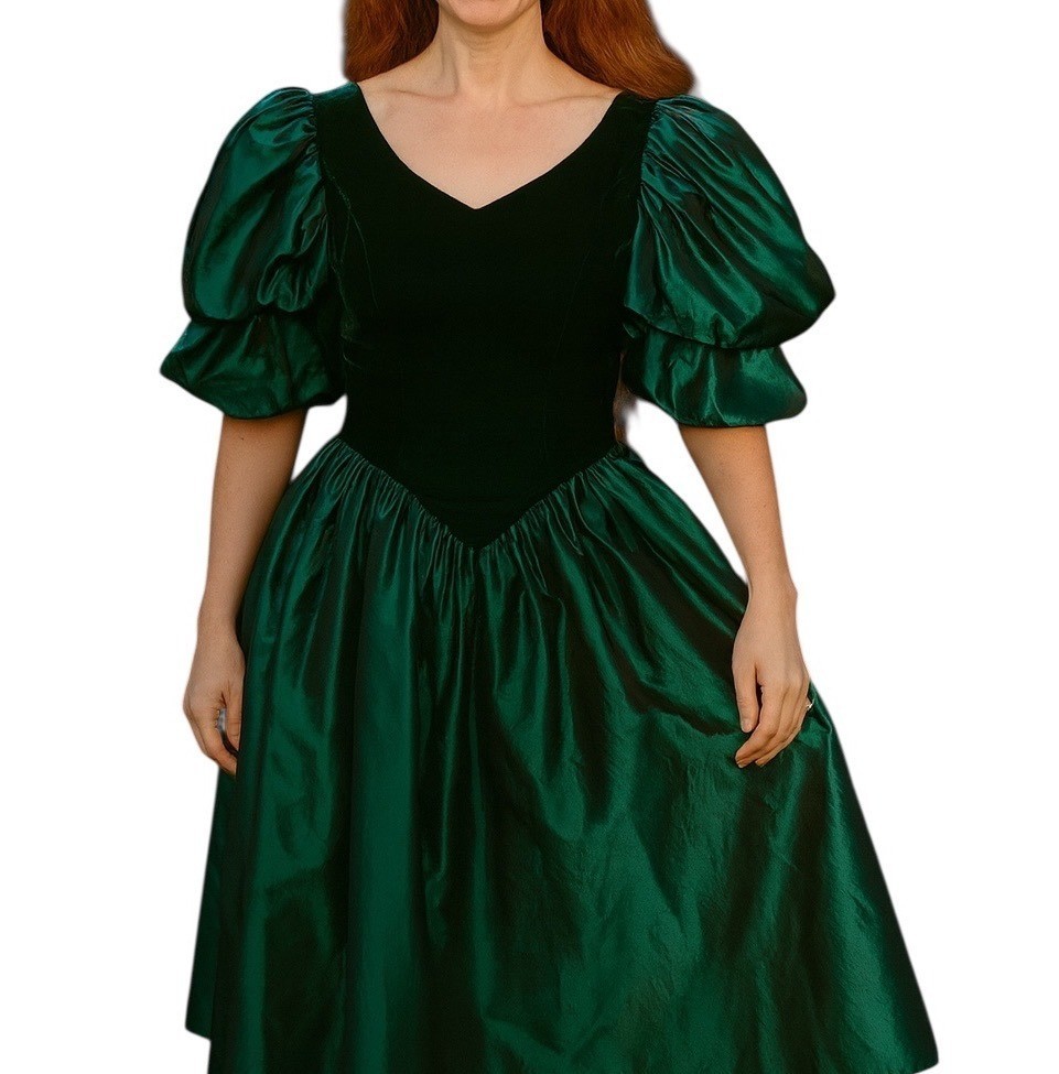 Vintage 80s ILGWU Emerald Green Velvet Taffeta Puff Sleeve Dress USA 7