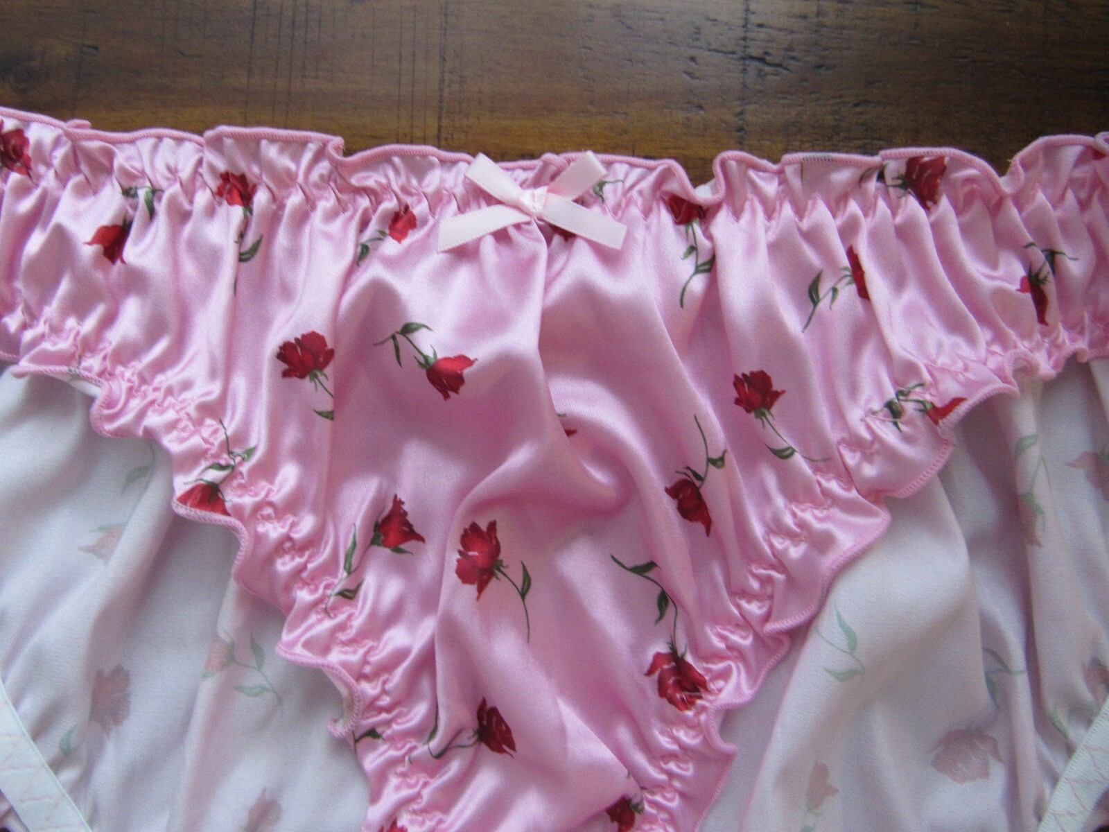 PINK Floral, Rose Print Ruched Taffeta Bow Pastoral Romantic sissy panties XL