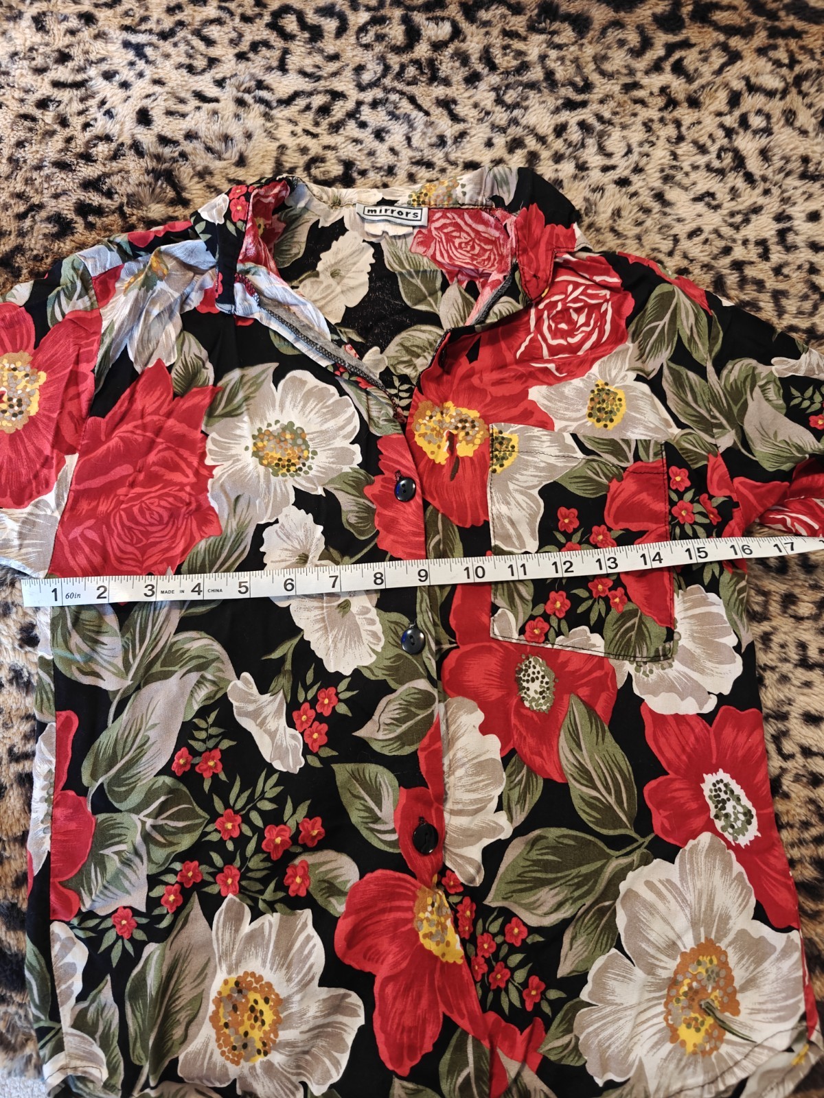 Vtg 80s 90s Floral Red Black White Button Up Short Sleeve Top Pulp Fiction Indie