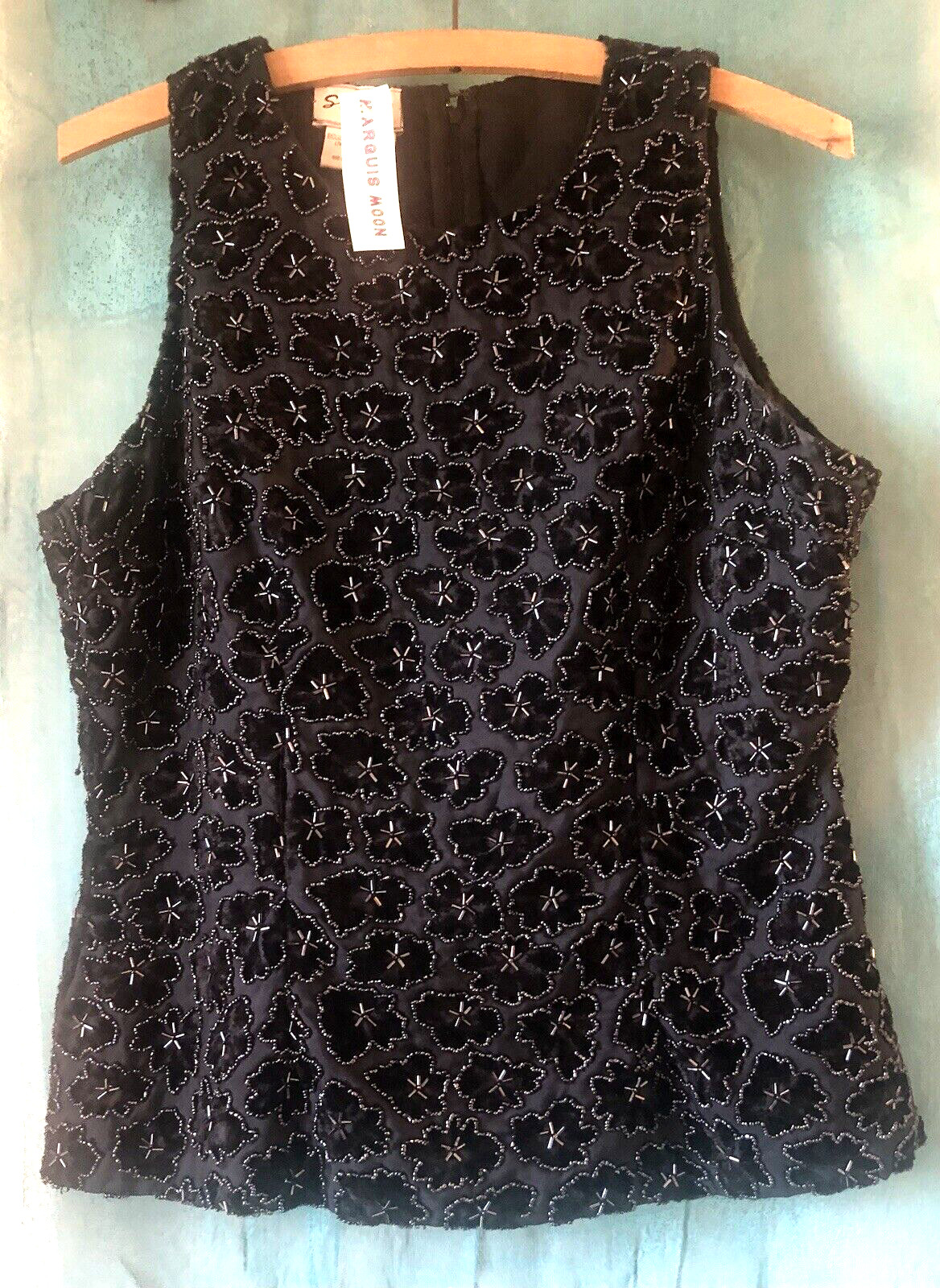 Vintage STENAY Sequin & Beaded Black Silk TOP, Sleeveless, Velvet Flowers, Sz 10